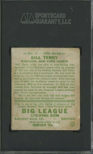 1934 Goudey 21 Bill Terry York Giants HOF SGC 10 1 2
