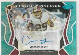 Derrius Guice Potential Teal Auto /50 Redskins 2019 Panini Certified Autograph