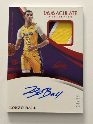 2017 - 18 Immaculate Red Lonzo Ball Lakers Rpa Rc 3 - Color Patch Auto 16/25