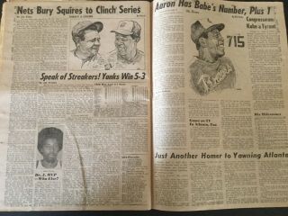 Hank Aaron April 9,  1974 Ny Daily Newspaper 3