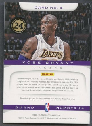 2012 - 13 Panini Marquee Kobe Bryant Los Angeles Lakers AUTO 2