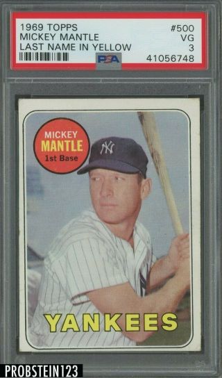 1969 Topps 500 Mickey Mantle York Yankees Hof Psa 3 Vg