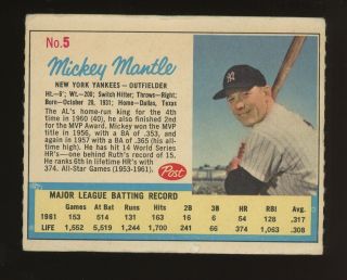 1962 Post Cereal 5 Mickey Mantle York Yankees Hof Front