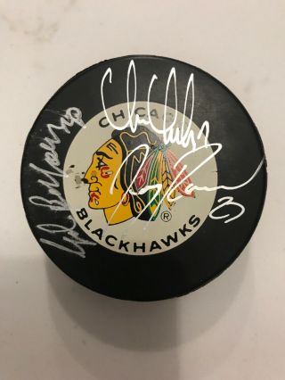 Jeremy Roenick,  Ed Belfour,  Chris Chelios Autographed Puck - Chicago Blackhawks