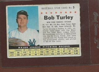 1961 Post Cereal 5 Bob Turley,  York Yankees,  Vg - Ex