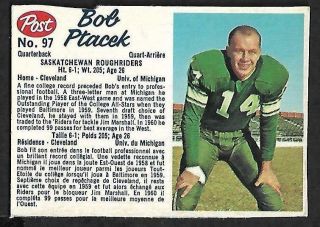 1962 Post Cfl Football: 97 Bob Ptacek Qb,  Saskatchewan Roughriders