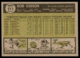 1961 TOPPS 211 BOB GIBSON CARDINALS NM to NM, 2