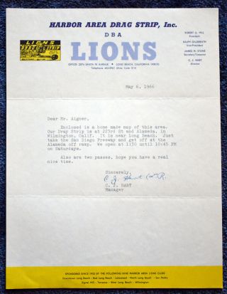 1966 Lions Drag Strip Letterhead