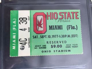 Ohio State Vs Miami Hurricanes 1977 Football Ticket.