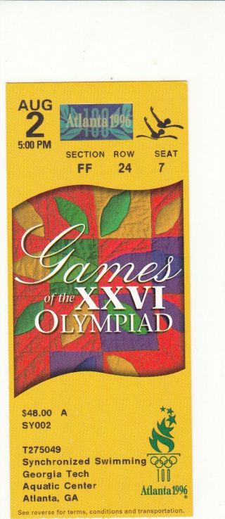 E19 - 1 - 1996 Atlanta Olympic Sync Swimming Ticket