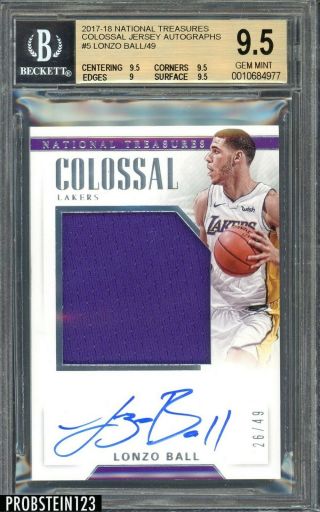 2017 - 18 National Treasures Colossal Lonzo Ball Lakers Rc Jersey Auto /49 Bgs 9.  5
