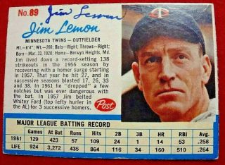 Jim Lemon Signed 1962 Post Cereal Baseball Card Minnesota Twins - Deceased