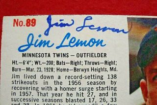 JIM LEMON SIGNED 1962 POST CEREAL BASEBALL CARD MINNESOTA TWINS - deceased 2