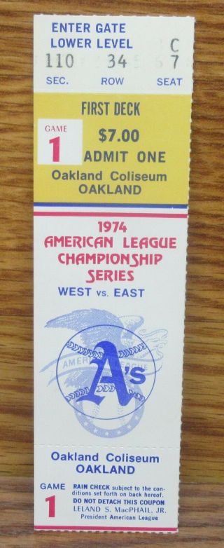 Vintage 1974 Alcs Game 1 Ticket Stub Oakland Coliseum Oakland A 