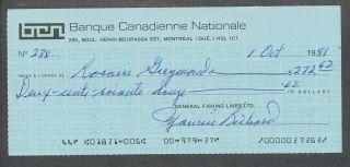 Maurice Richard Signed Processed Canceled Check Autograph Auto 0238