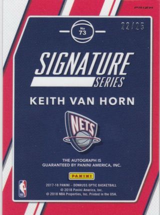 Keith Van Horn Jersey Nets 2017 - 18 Donruss Optic NBA Pink Prizms AUTO /25 2