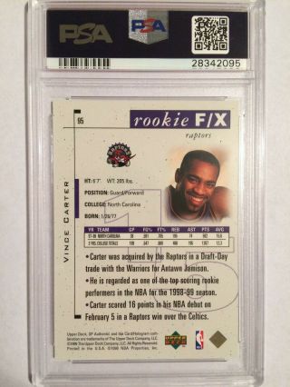 Vince Carter 1998 - 99 SP Authentic RC Rookie 95 /3500 PSA 10 Gem RAPTORS 2