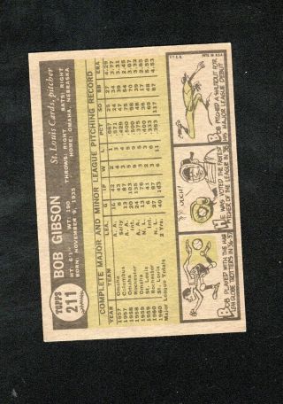 Bob Gibson 1961 Topps card 211 St Louis Cardinals ex - mt 04 2
