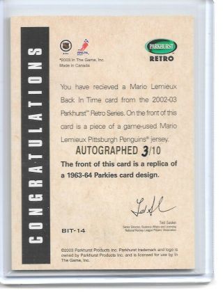 2002 - 03 ITG BAP PARKHURST RETRO Mario Lemieux - Autograph Jersey - 3 / 10 2