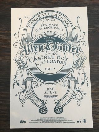 2019 Topps Allen & Ginter Jose Altuve Jumbo Box Topper/Box Loader Card BL - 8 2
