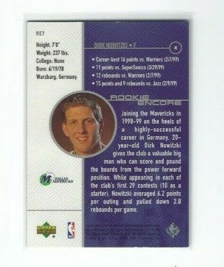1998 - 99 Upper Deck Encore Dirk Nowitzki RC,  Rookie Encore,  Mavericks Legend 2
