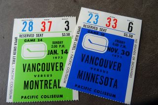 2 1973 Vancouver Canucks Nhl Ticket Stubs Vs Montreal Canadiens Minnesota Stars