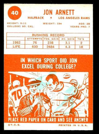 1963 Topps Football Card JOHN ARNETT Rams 40 Near 2