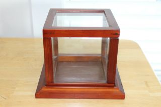 Glass Display Case With Wood Base And Mirrored Back Square Cube
