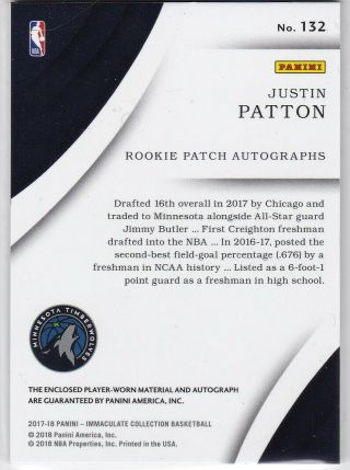 Justin Patton Minnesota Timberwolves 2017 - 18 Immaculate Rookie Patch AUTO RC /99 2