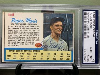 Roger Maris 1962 Post Cereal Auto Card Autograph Signature Yankees Psa/dna