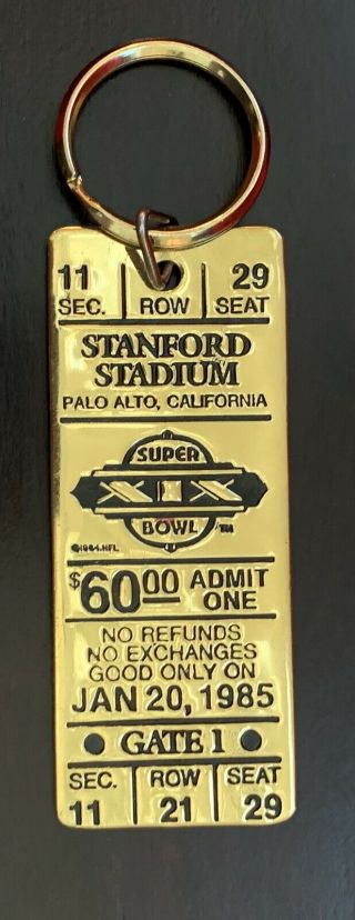 Bowl Xix Shiny Gold Metal Ticket Key Chain Stanford Stadium Jan 20 1985