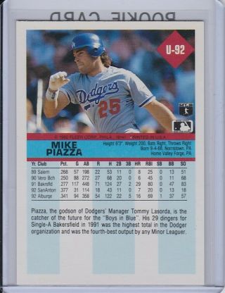 Fleer 1992 Mike Piazza Los Angeles Dodgers U92 Rookie Card 2