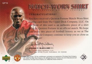 EPL - 2002 Upper Deck Manchester United Match Worn Shirt Card - Quinton Fortune. 2