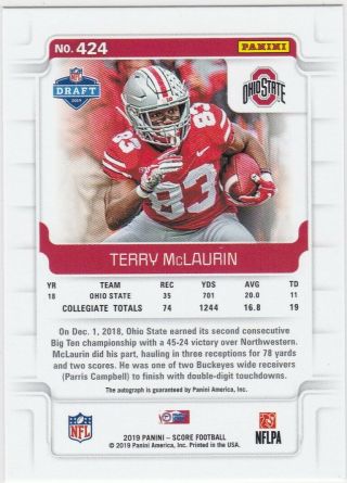 Terry McLaurin Redskins Ohio State Buckeyes 2019 Score Rookies 424 AUTO RC 2