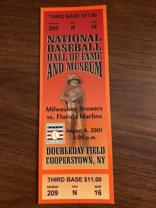 2001/mlb Hall Of Fame Game/full Ticket Stub/milwaukee Brewers Vs Florida Marlins