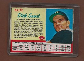 1962 Post Cereal 172 Dick Groat,  Pittsburgh Pirates,  Ex,  Tough