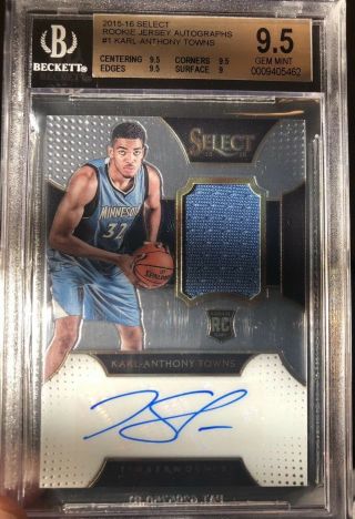 2015/16 Karl Anthony Towns Rookie Jersey Autographs Bgs 9.  5 100/125 W/ Bgs 10 Au