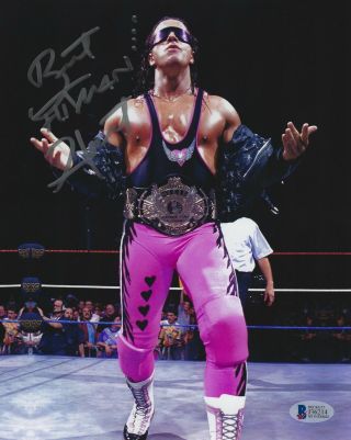 Bret Hart Signed Wwe 8x10 Photo Bas Beckett Picture W/ Wwf Winged Eagle Belt