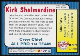 KIRK SHELMERDINE AUTOGRAPHED 1991 MAXX RACING NASCAR PHOTO TRADING CARD 219 2