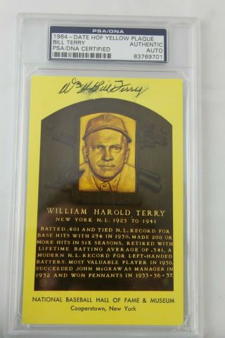 Bill Terry Signed Autographed Hall Of Fame Plaque Postcard Psa/dna Slabbed