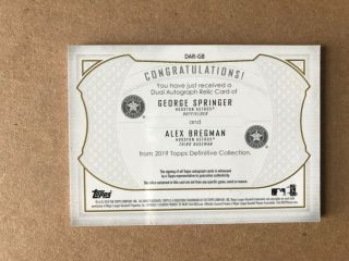 George Springer Alex Bregman 2019 Definitive On - Card Autograph Jerseys D 06/35 2