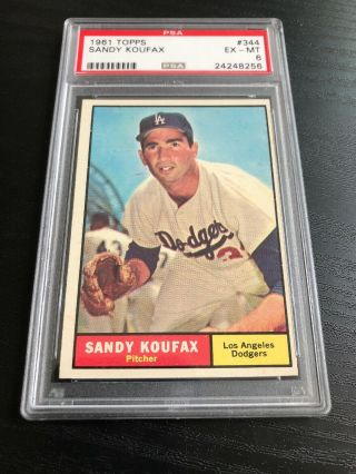 1961 Topps 344 - Sandy Koufax - Psa 6 Ex/mt - Hof - Los Angeles Dodgers