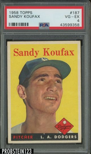 1958 Topps 187 Sandy Koufax Los Angeles Dodgers Hof Psa 4 Vg - Ex