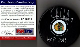 Psa/dna Chris Chelios " Hof 2013 " Autographed - Signed Chicago Blackhawks Puck 6519