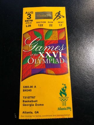 1996 Ticket Stub Olympic Basketball Atlanta,  Ga Aug 3 $265 Georgia Dome