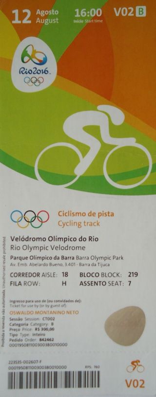 Ticket 12.  8.  2016 Olympia Rio Olympic Games Cycling Track V02