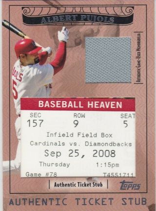 Albert Pujols Stl Cardinals 2009 Topps Mlb Ticket Stub & Game Jersey Relic /239