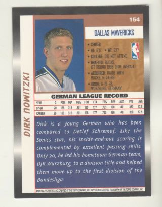 1998 - 99 Topps 154 DIRK NOWITZKI RC Rookie Dallas Mavericks 2