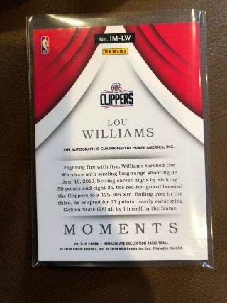 2017 - 18 Immaculate Moments Lou Williams Auto 26/75 2