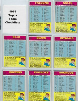 1974 Topps Football Team Checklists Complete Set Of 26 Cards Nm
